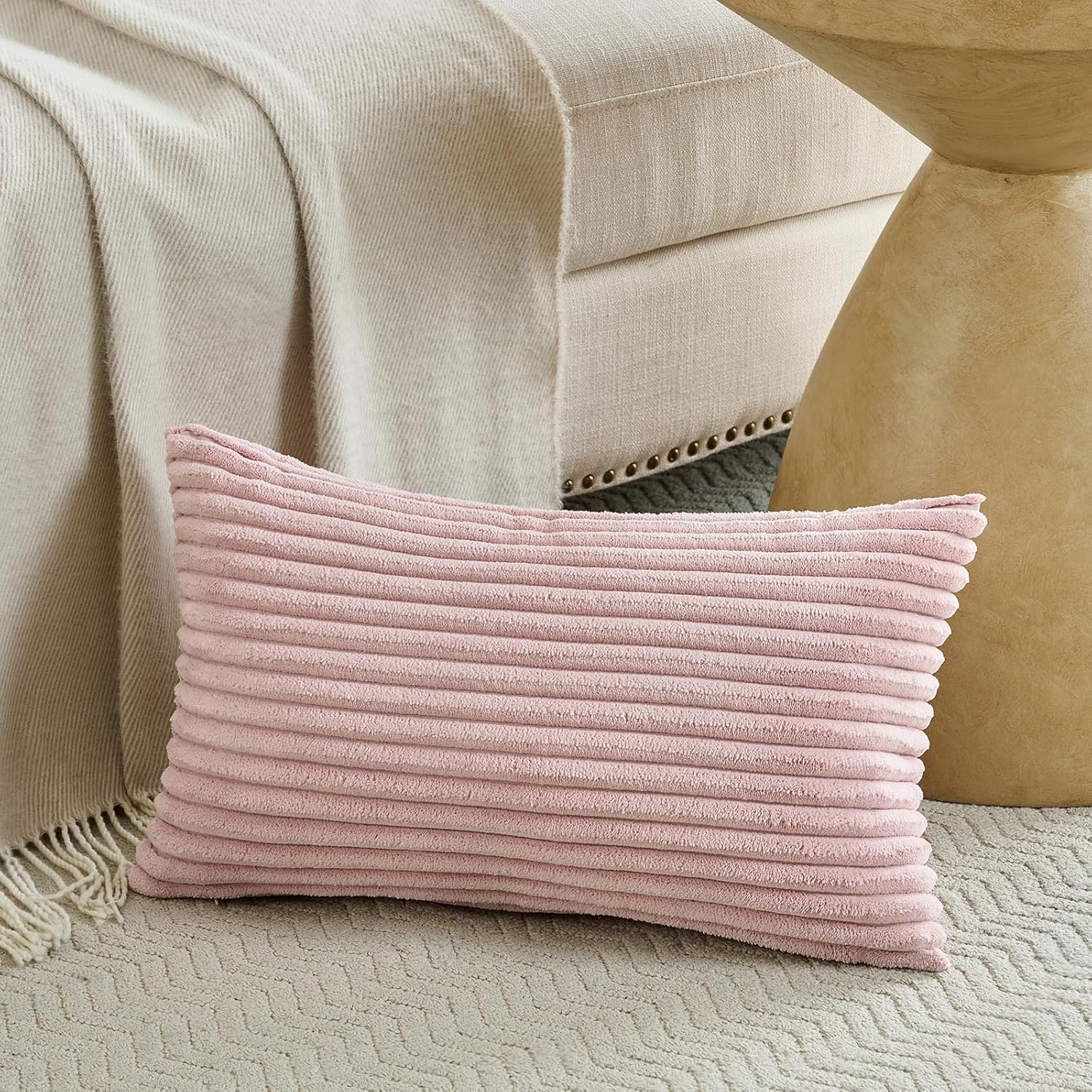 Fancy Homi Set of 2 Blush Pink Boho Small Lumbar Decorative Throw Pillow Cover 12x20 Inch for Couch Bed Chair, Aesthetic Modern Bohemian Room Decor, Soft Fluffy Corduroy Rectangle Cushion Case 30x50cm